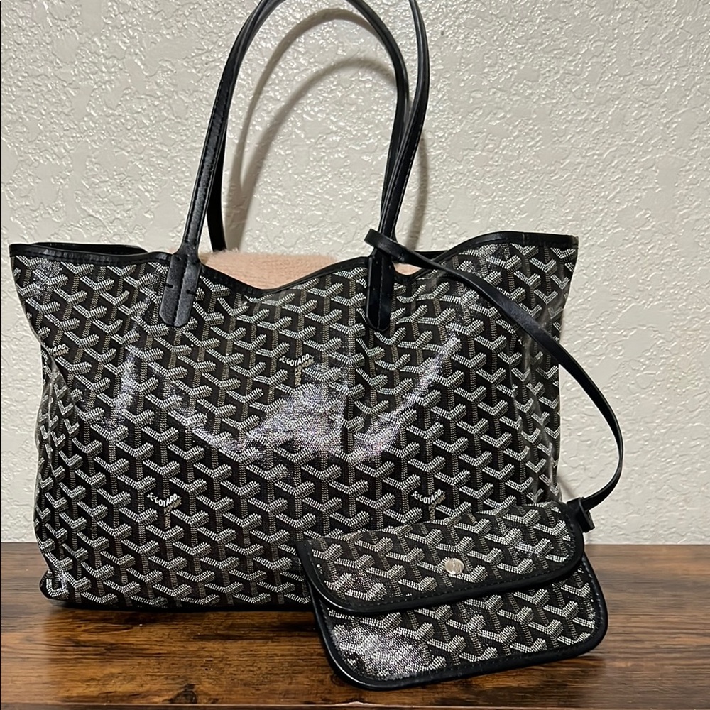 Black Patterned Tote Bag with Matching Pouch
